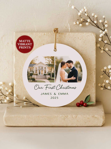 Wedding Ornament – Our First Christmas (2-Photo, Circle)