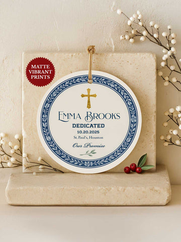 Dedication Ornament – Laurel Cross (Name, Date & Place)
