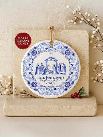 Nativity Ornament – Blue Toile Crèche