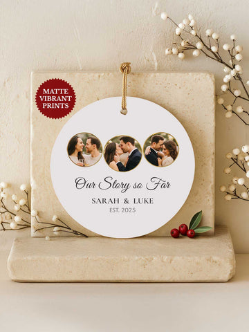 Couples Ornament – Our Story So Far (3-Photo Circle)