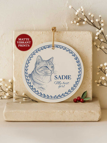 Cat Ornament – Blue Line Art Portrait
