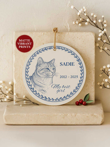 Cat Memorial Ornament – Blue Line Art (Custom Text)