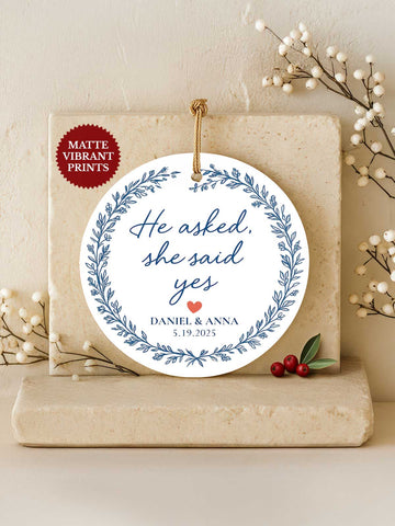 Engagement Ornament – He Asked, She Said Yes (Blue Toile Circle)