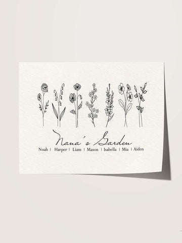 Modern Birth Flower Family Print – Line Art on White
