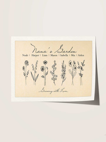 Vintage Birth Flower Family Print – Line Art on Beige