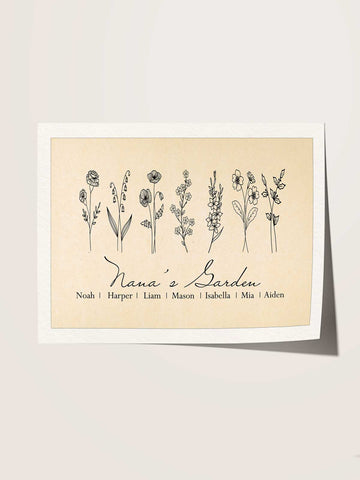 Vintage Birth Flower Family Print – Line Art on Beige (Alternate Design)