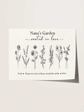 Modern Birth Flower Family Print – Line Art on White (Alternate Design)