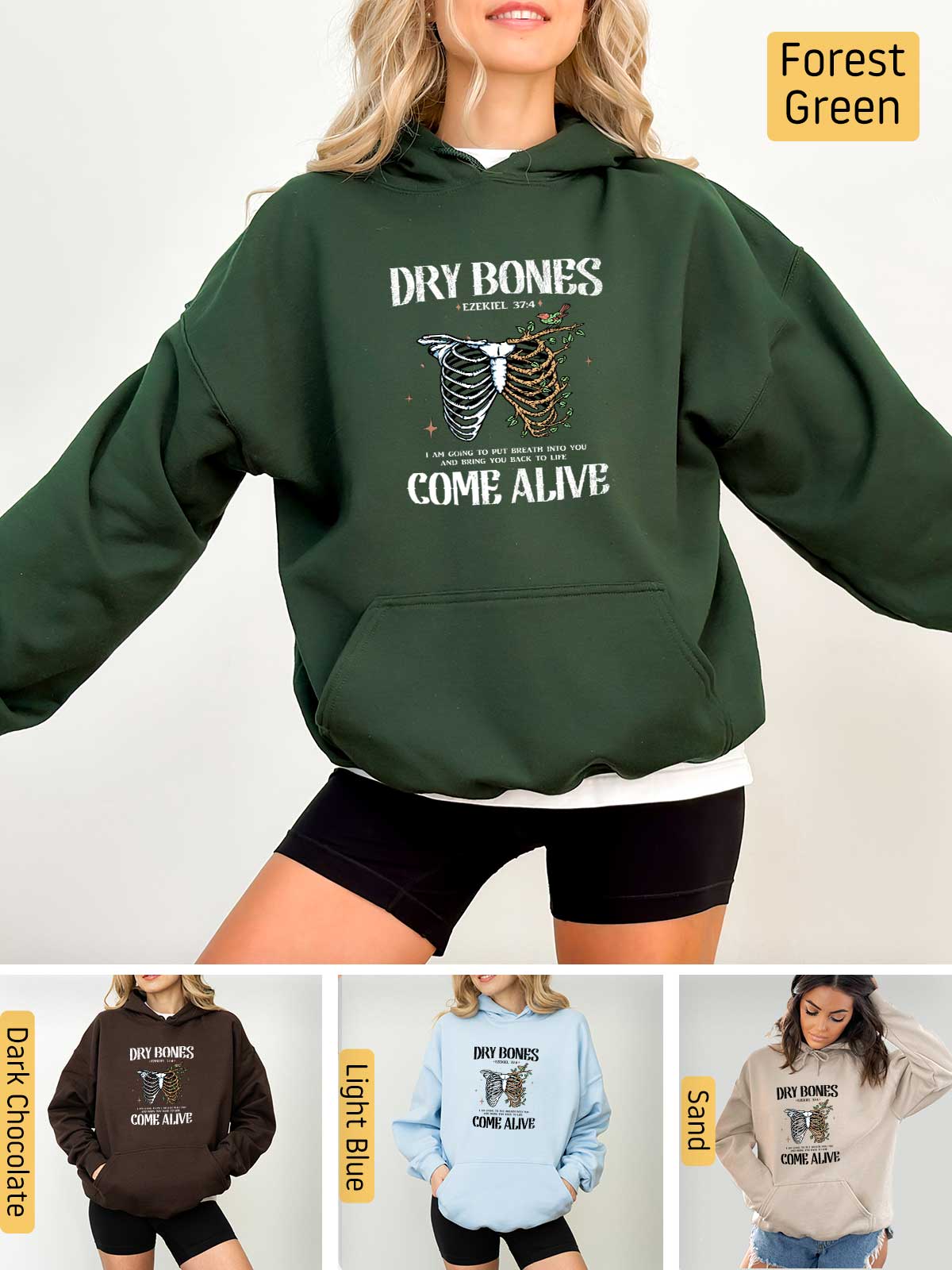 a woman wearing a hoodie that says dry bones come alive