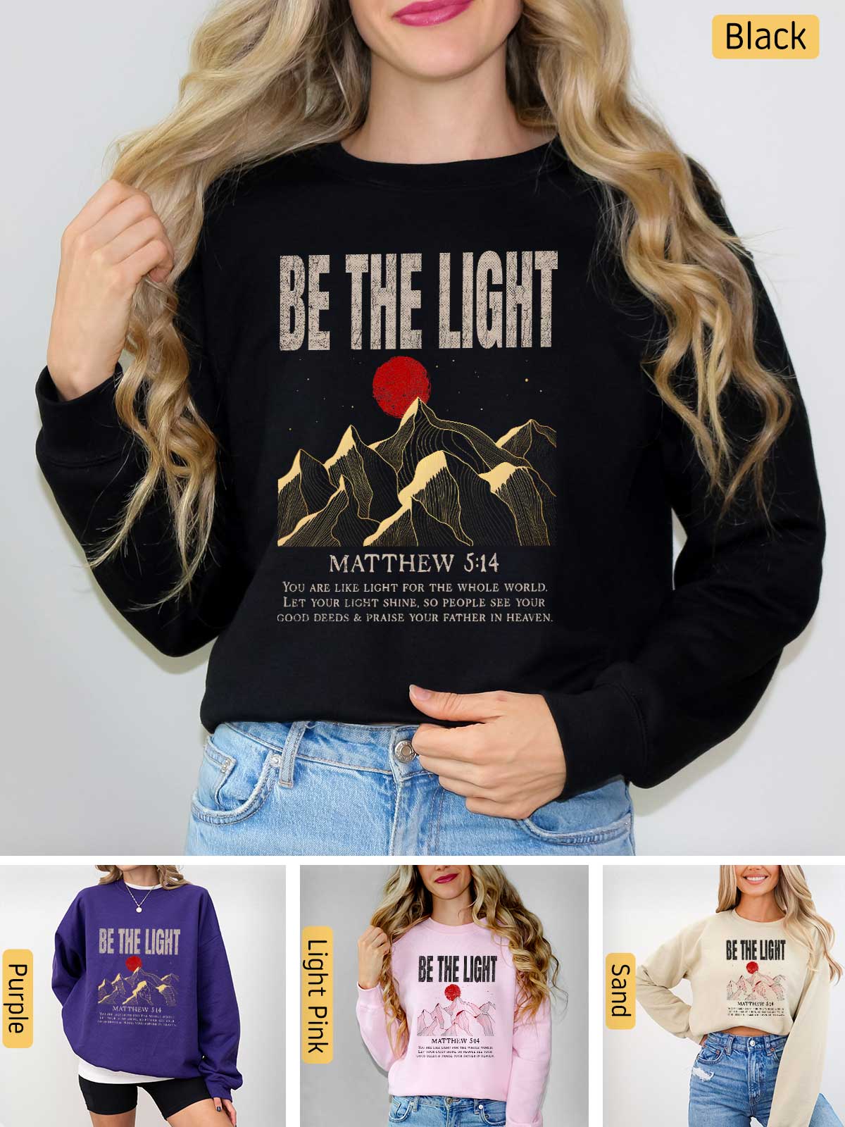 a woman wearing a sweatshirt with the words be the light on it