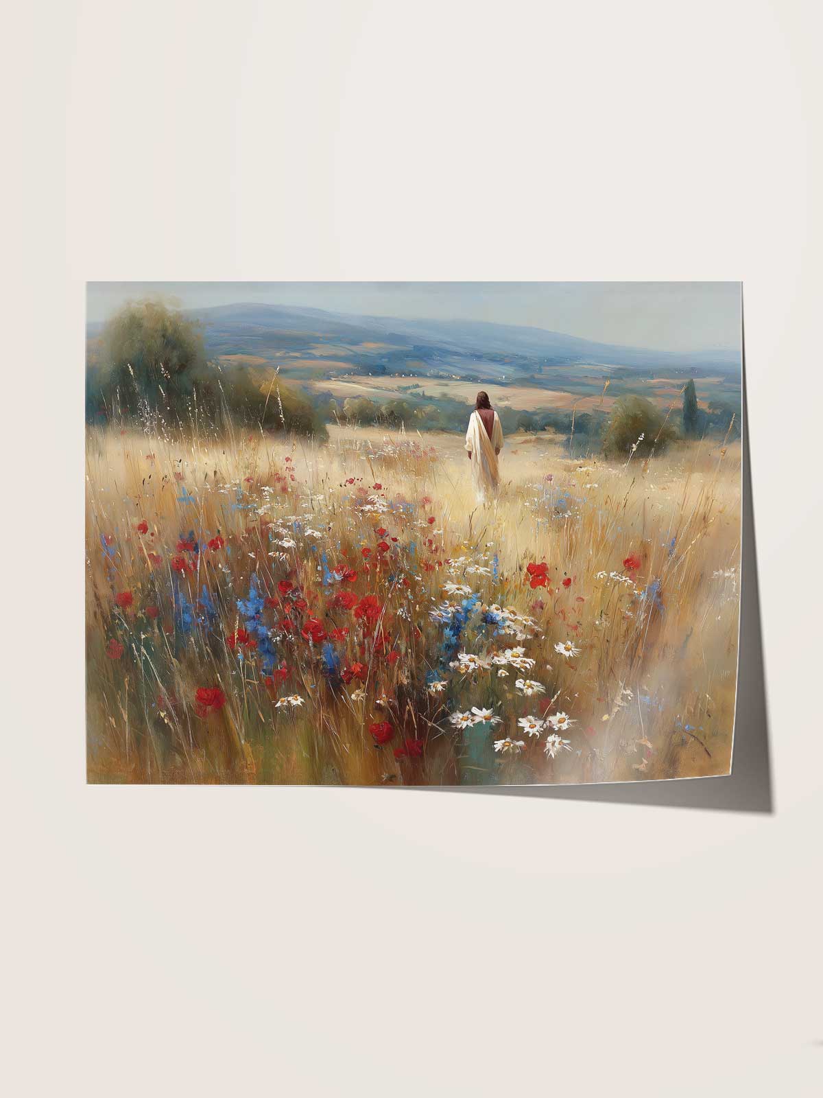 A painting depicting a person walking through a field of flowers, with a scenic landscape in the background.