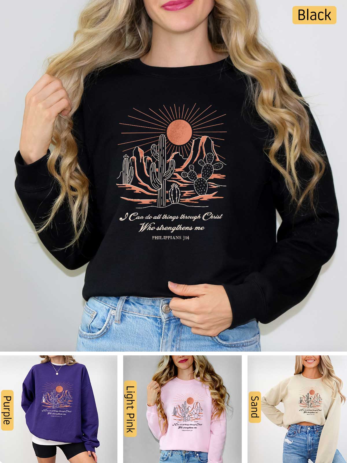 a woman wearing a black sweatshirt with a desert scene on it