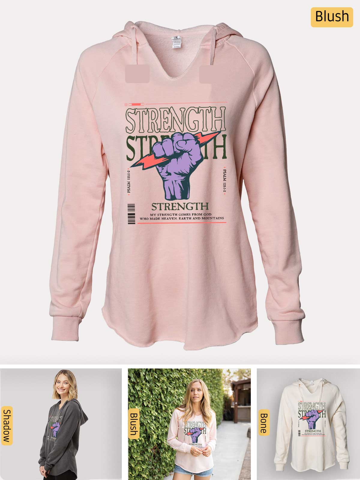 a women's pink hoodie with the words strength on it