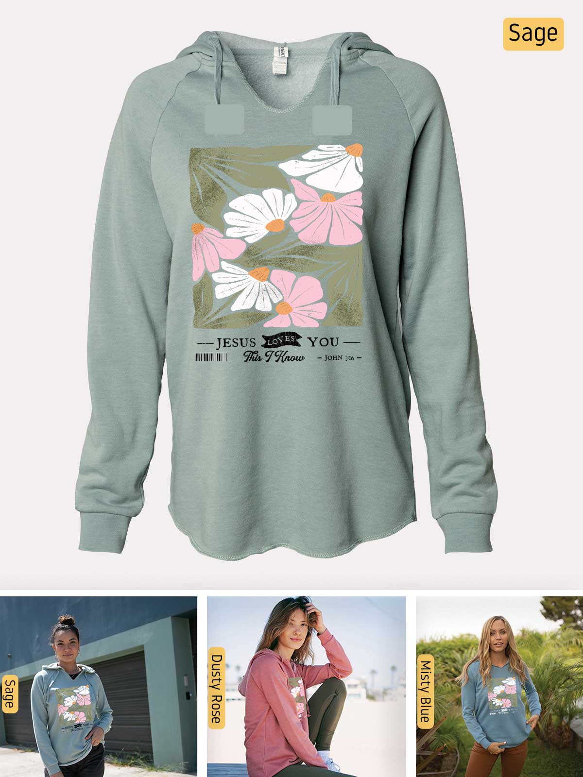 a women's sweatshirt with a picture of a woman sitting on a bench