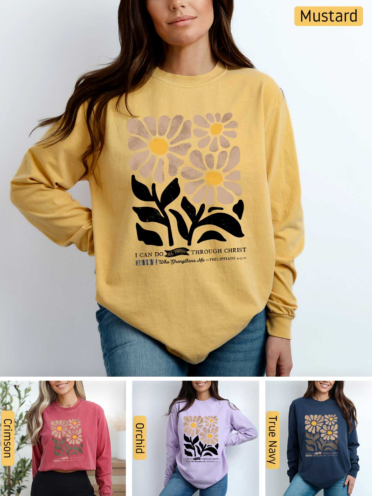 a woman wearing a sweatshirt with flowers on it