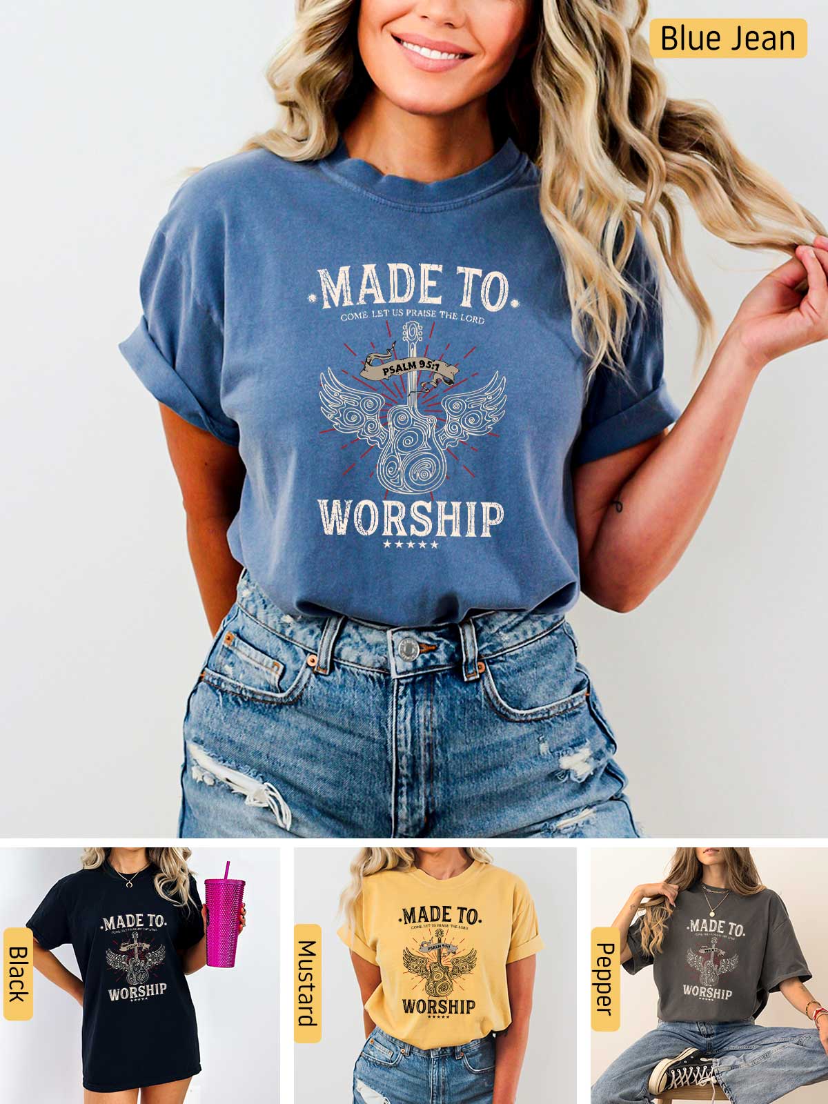 a woman wearing a t - shirt that says made to worship