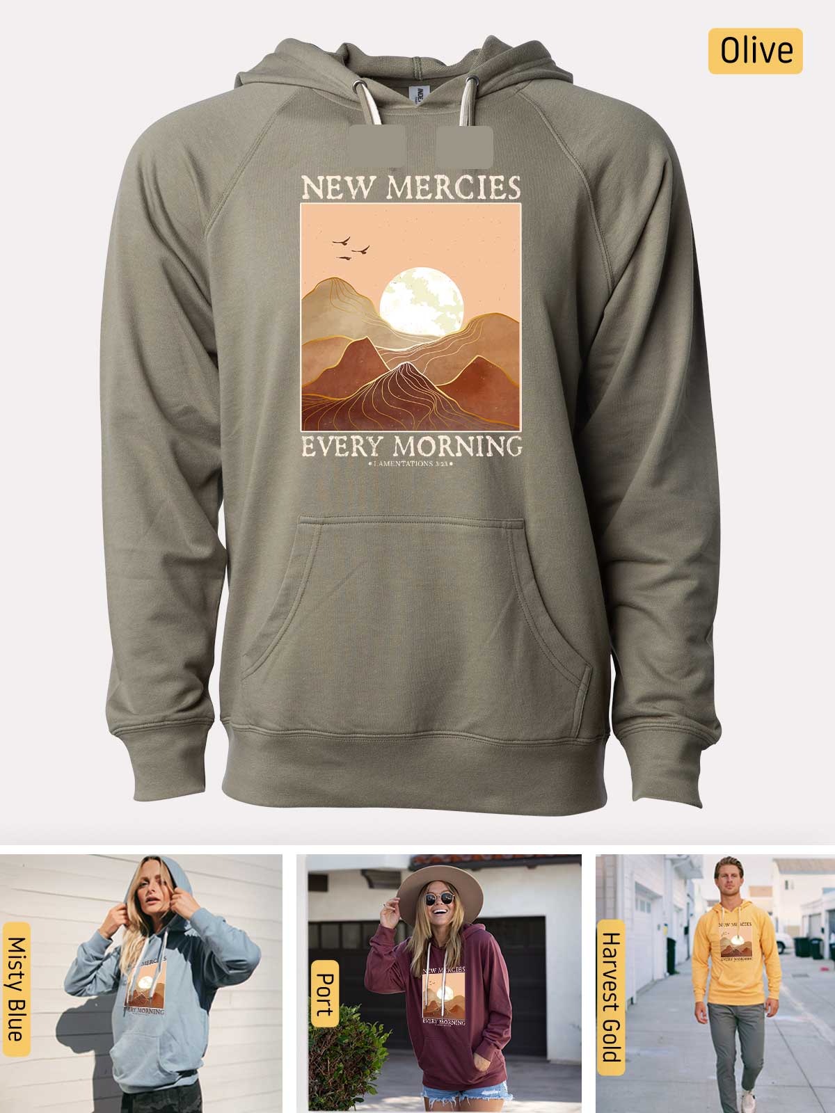 a collage of photos of a woman wearing a new mercies sweatshirt