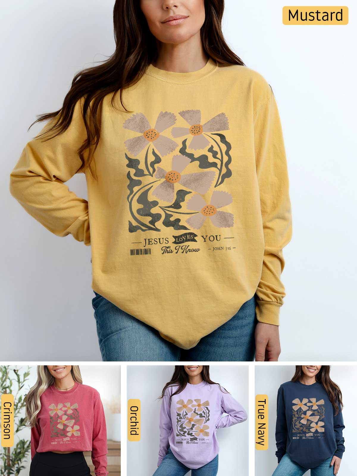 a woman wearing a mustard colored sweatshirt with flowers on it