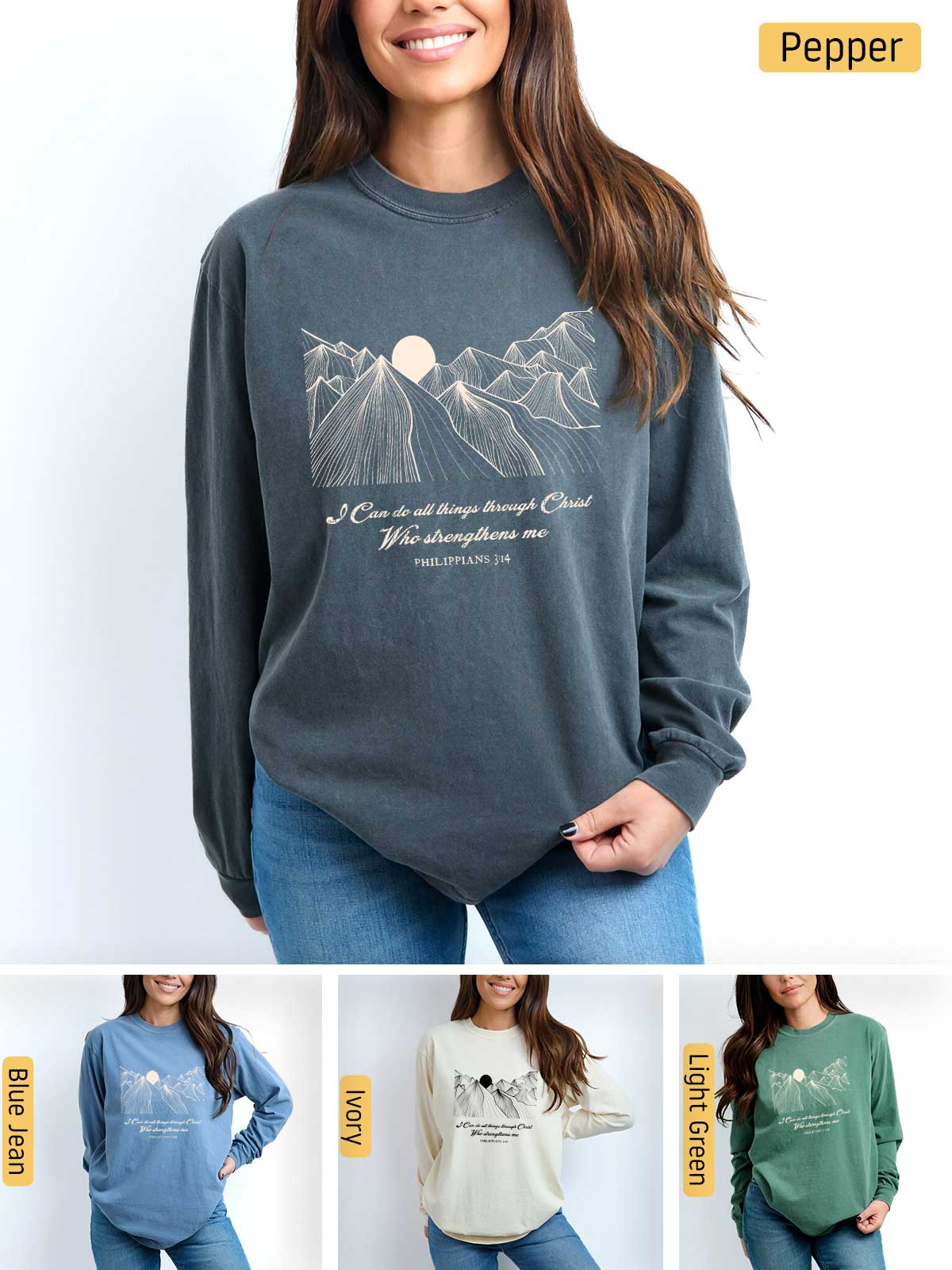 a woman wearing a sweatshirt with a mountain scene on it