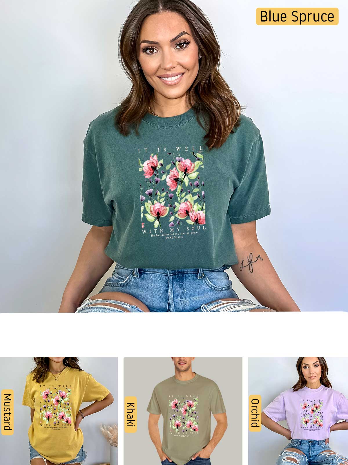 a woman wearing a t - shirt with flowers on it