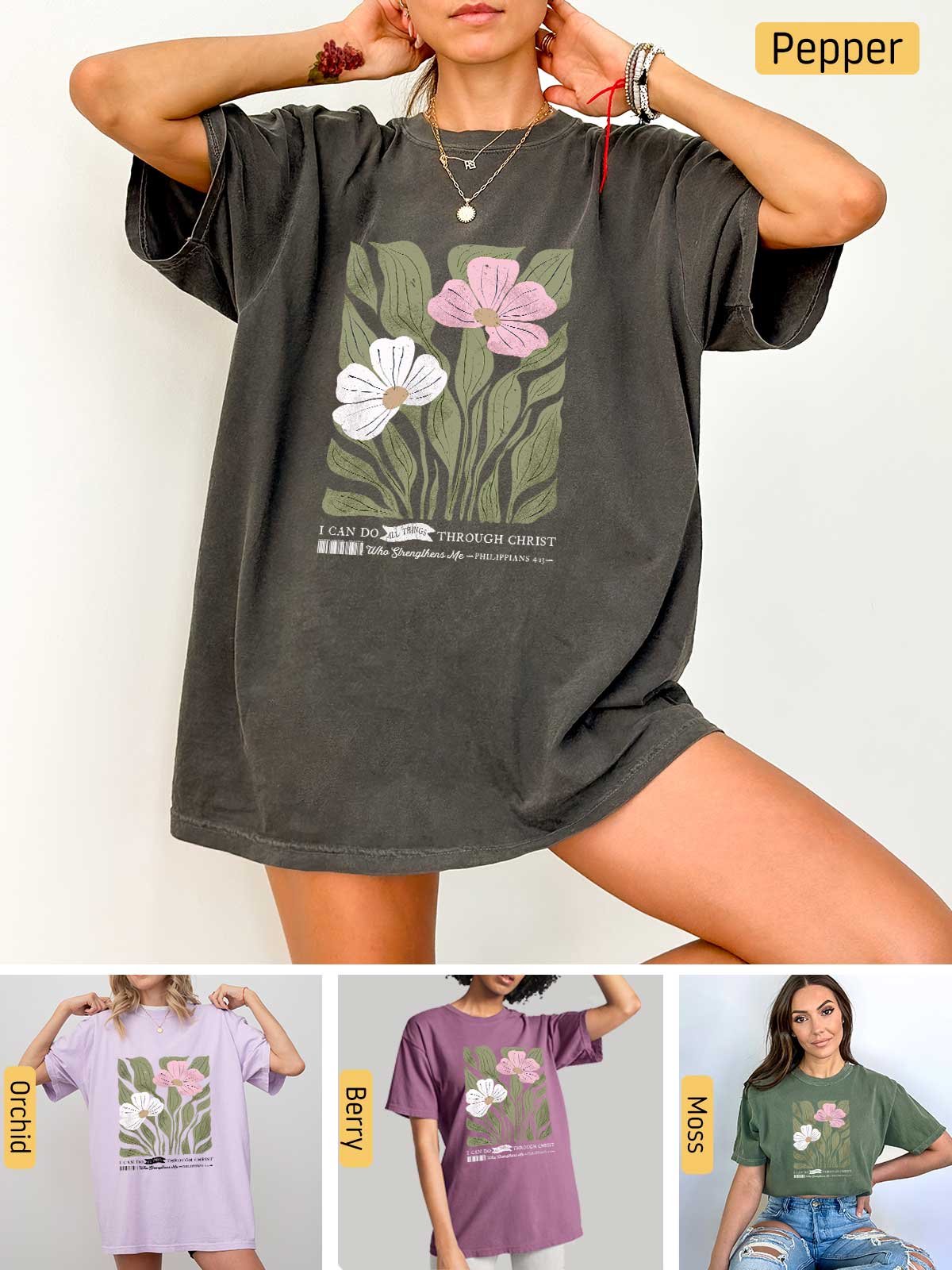 a woman wearing a t - shirt with flowers on it