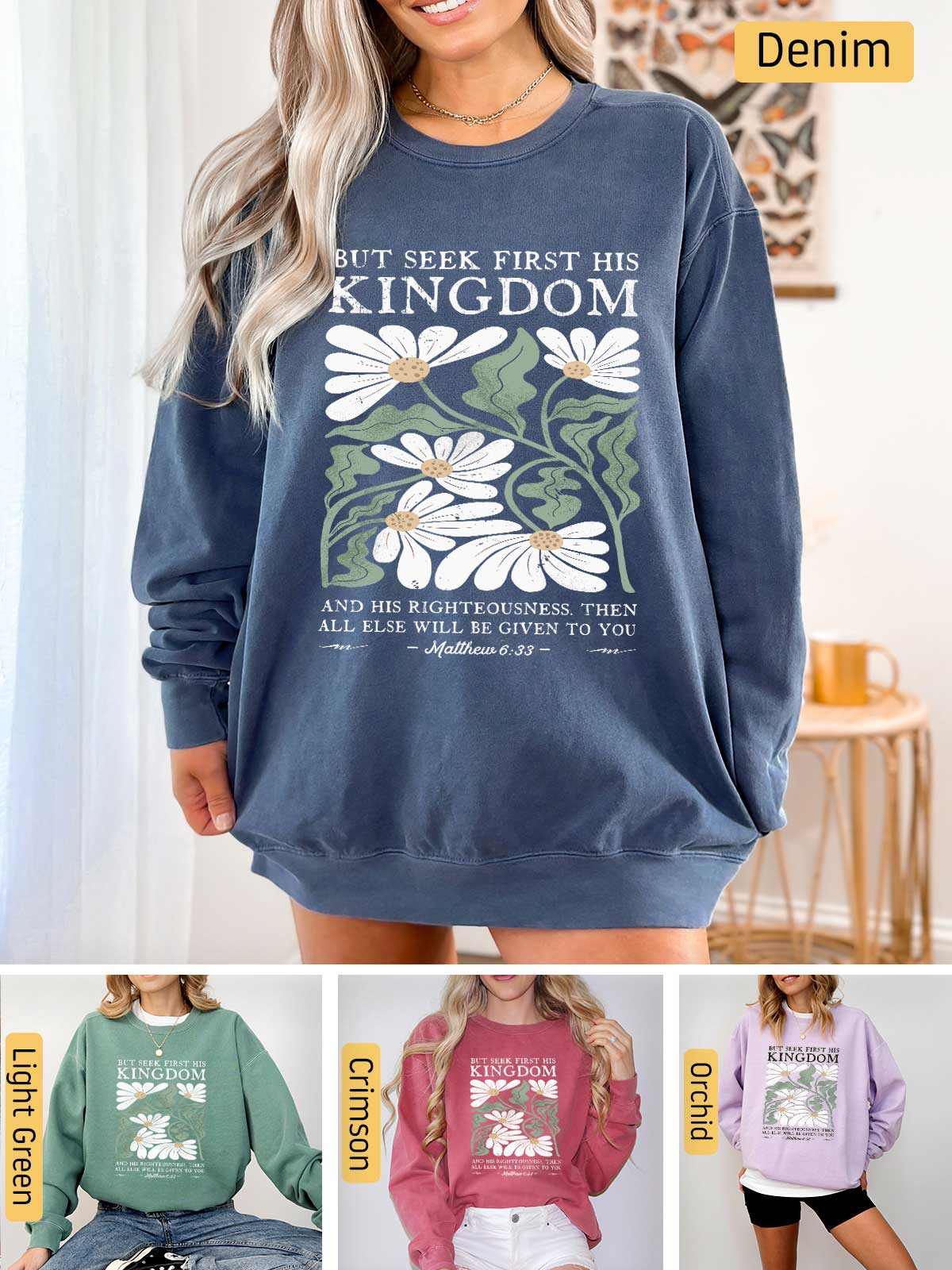 a woman wearing a sweatshirt with a flower design on it