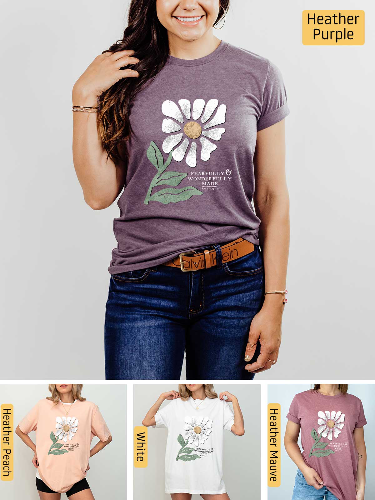 a woman wearing a t - shirt with a flower on it