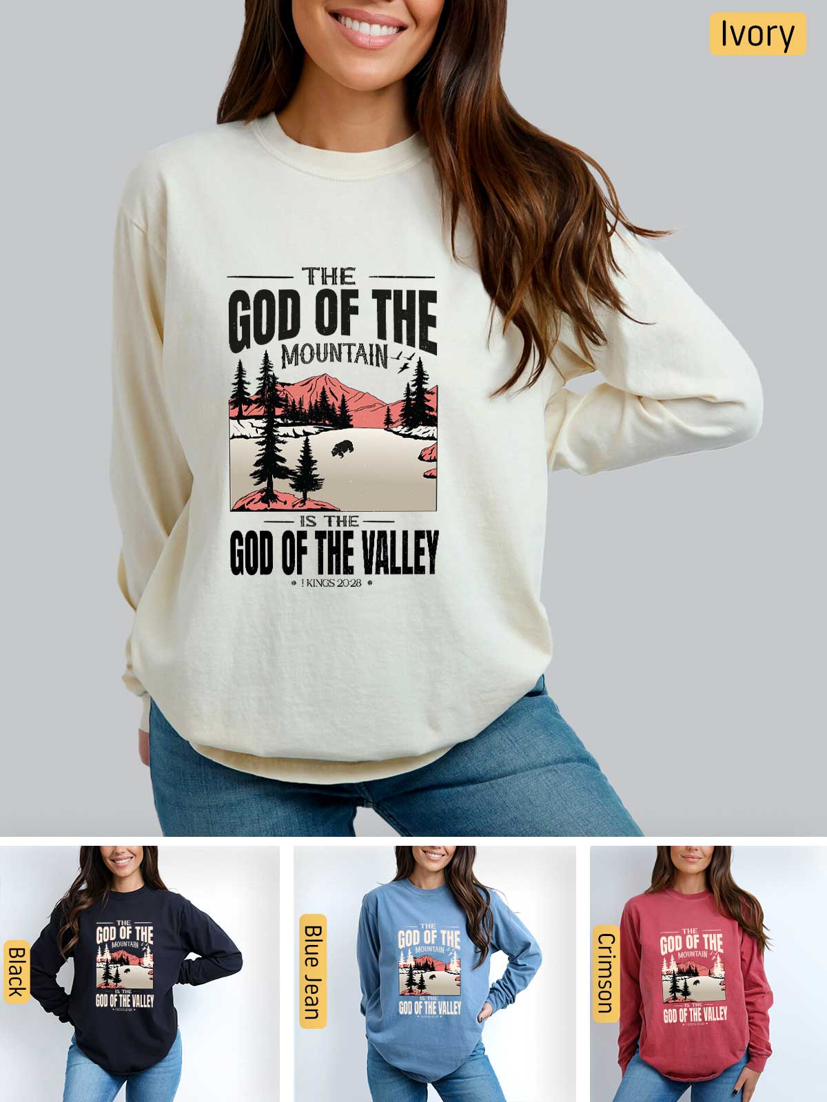 a woman wearing a sweatshirt with the words god of the mountains on it