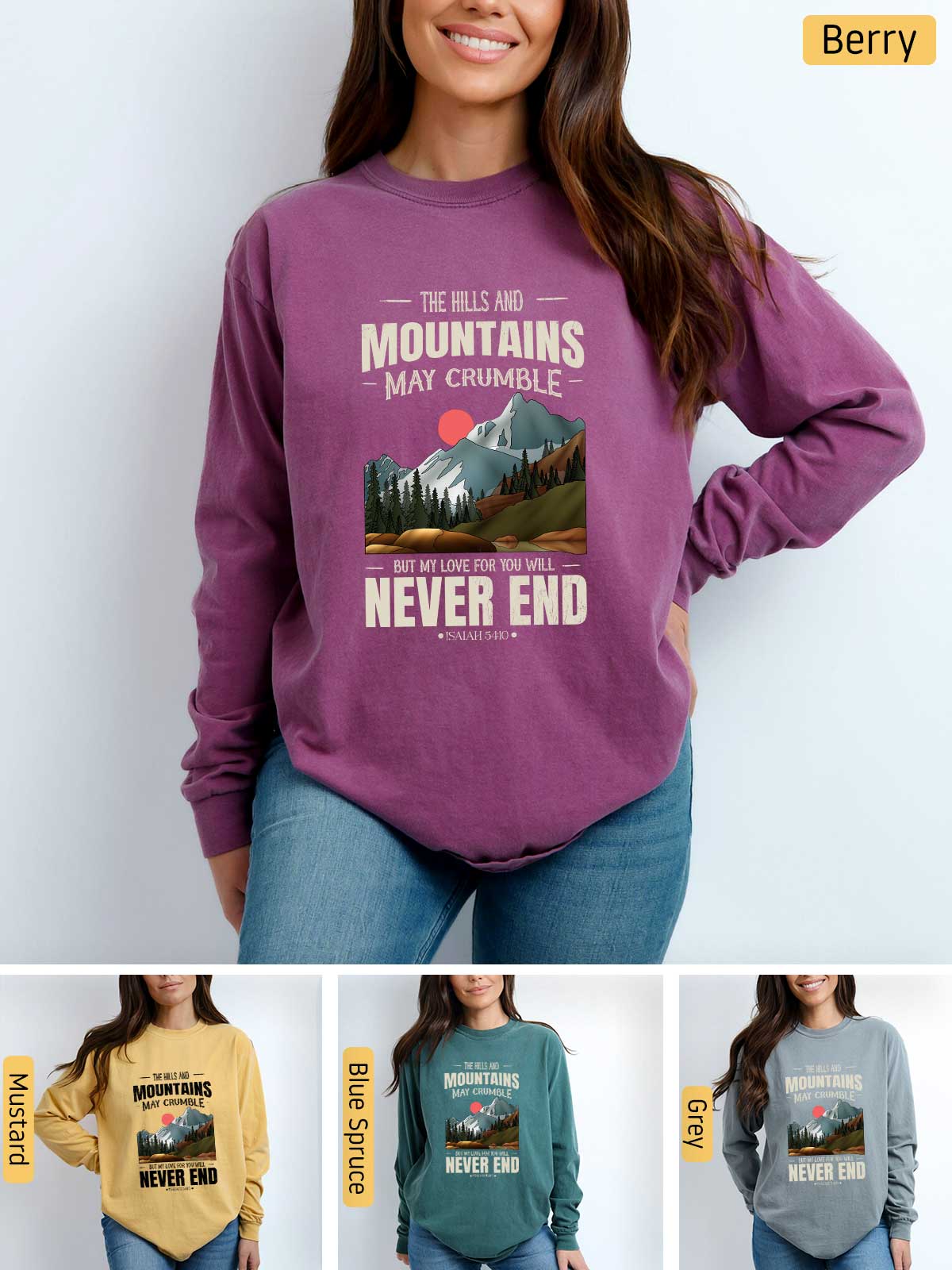 a woman wearing a purple sweatshirt with the words mountains may crumble never end