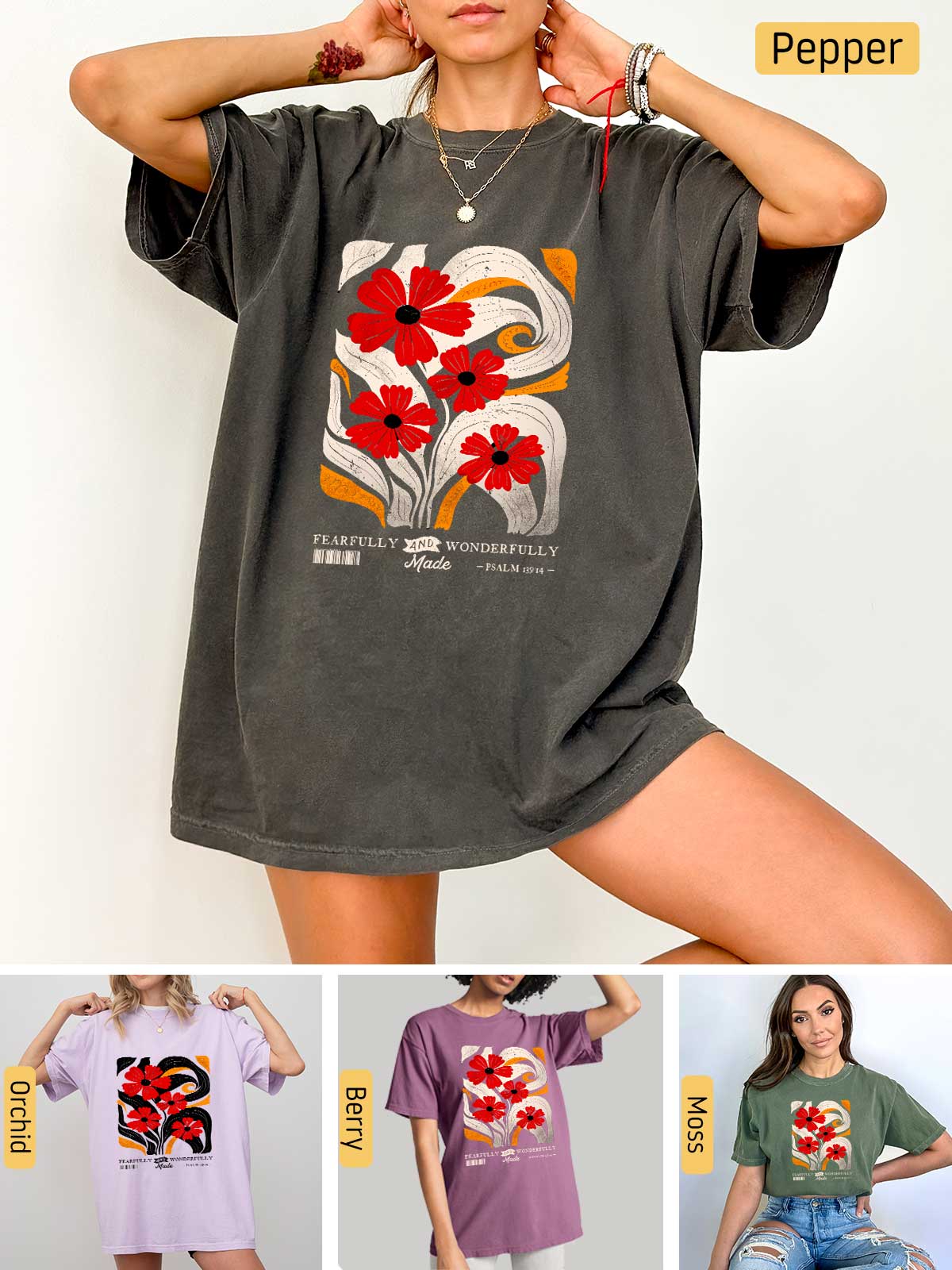 a woman wearing a t - shirt with flowers on it