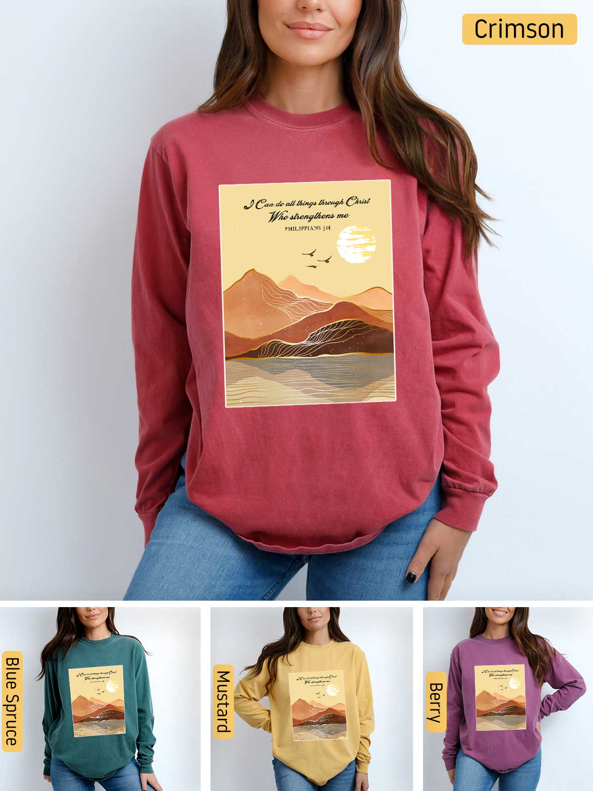 a woman wearing a sweatshirt with a picture of mountains on it