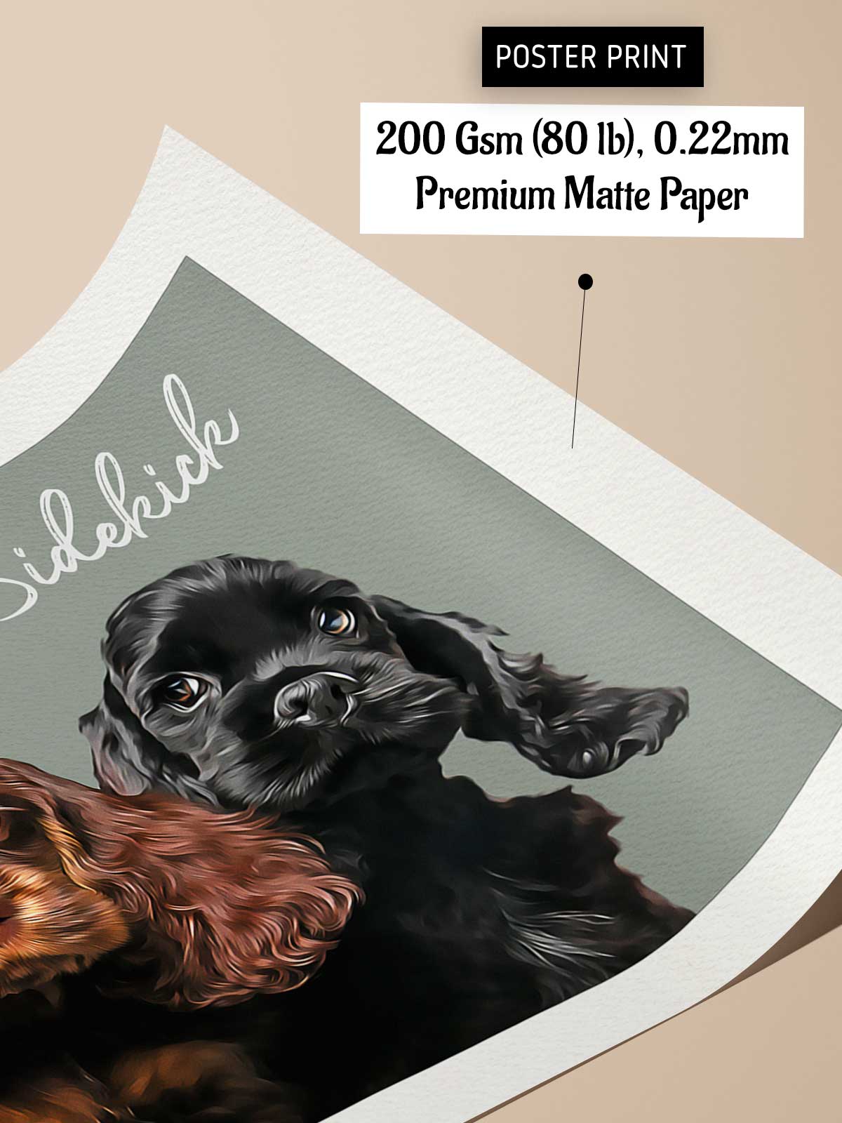 The image is a poster print featuring a close-up of a black dog with curly fur.