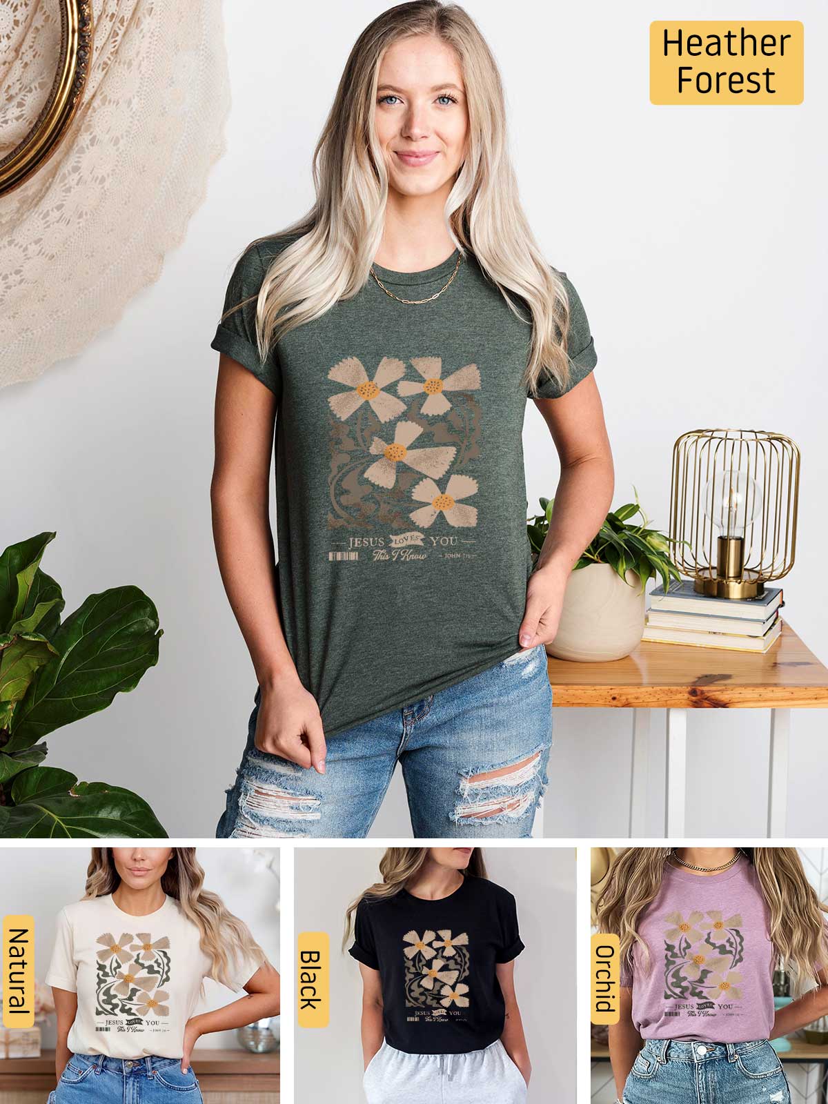 a woman wearing a t - shirt with flowers on it