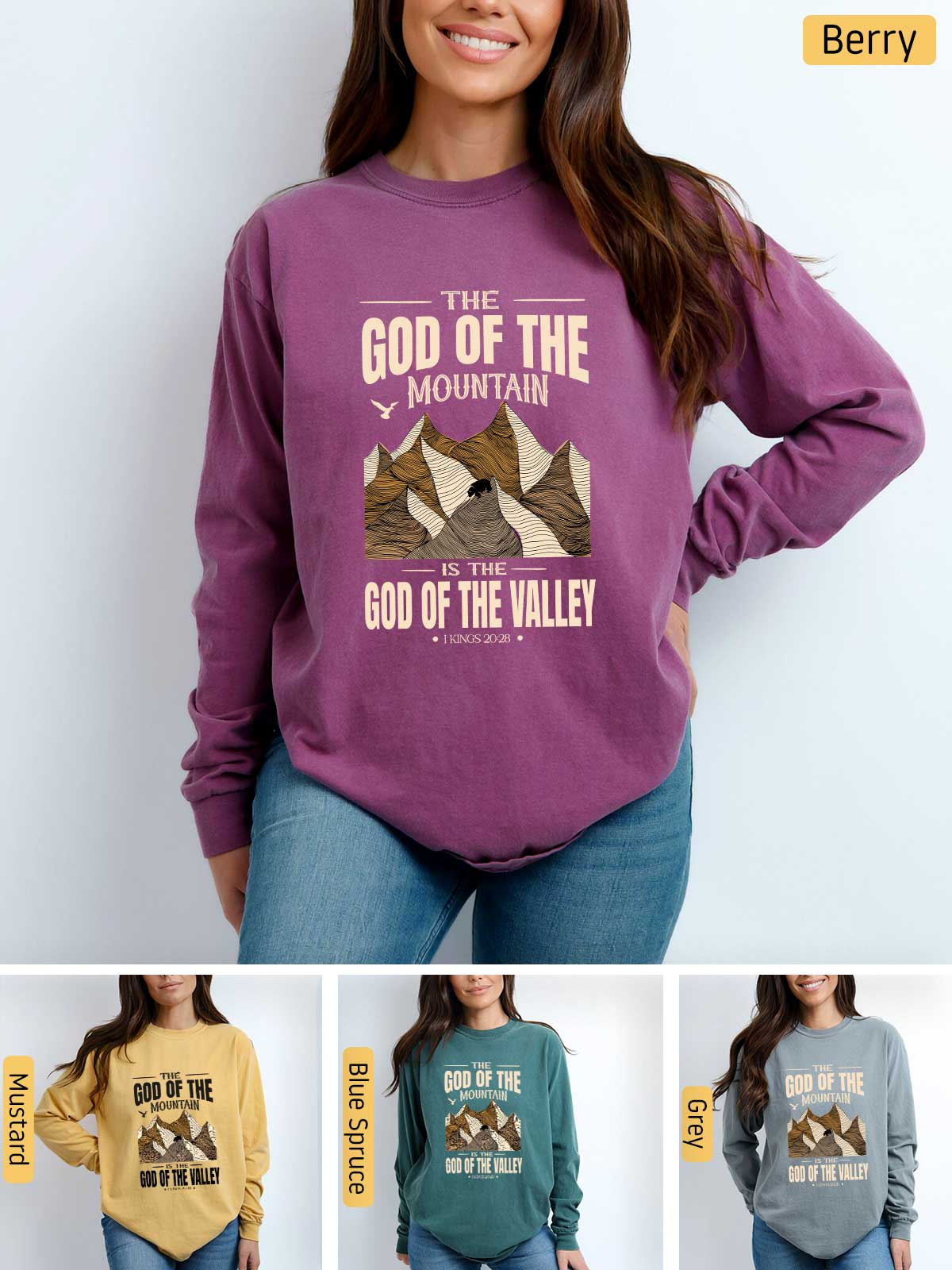 a woman wearing a sweatshirt that says god of the mountain