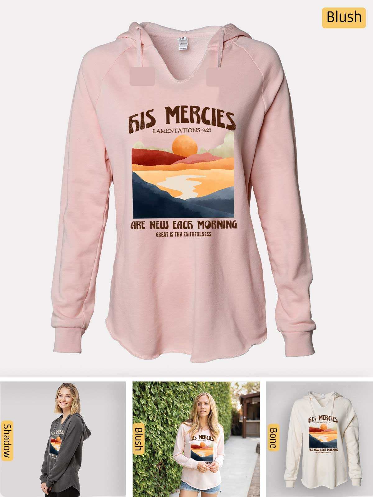 a pink sweatshirt with a picture of a sunset on it