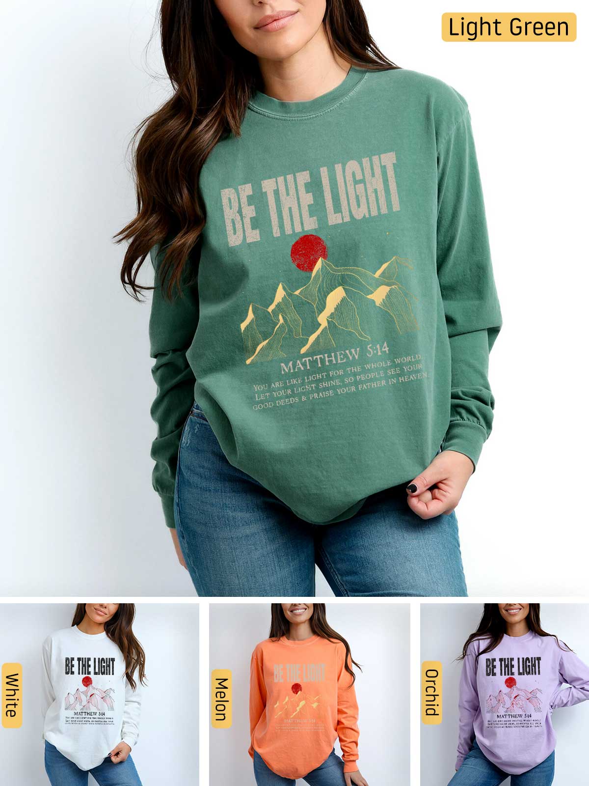 a woman wearing a sweatshirt that says be the light