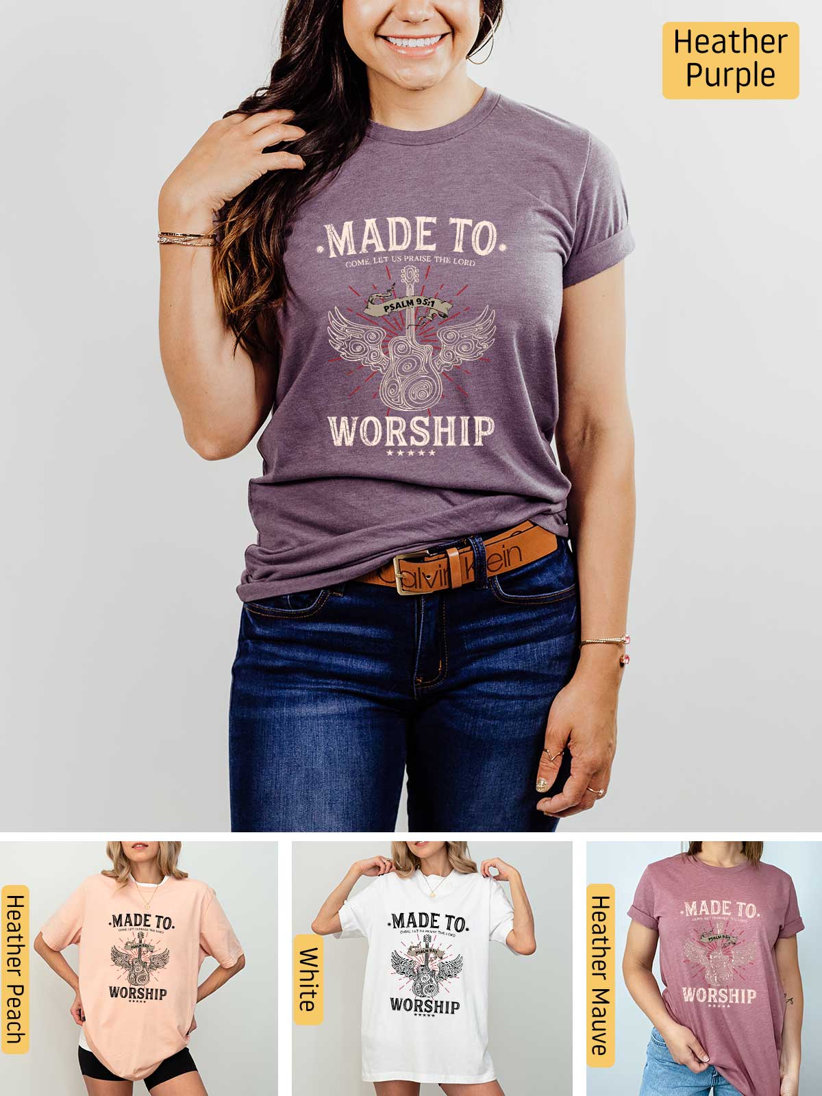 a woman wearing a t - shirt that says made to worship