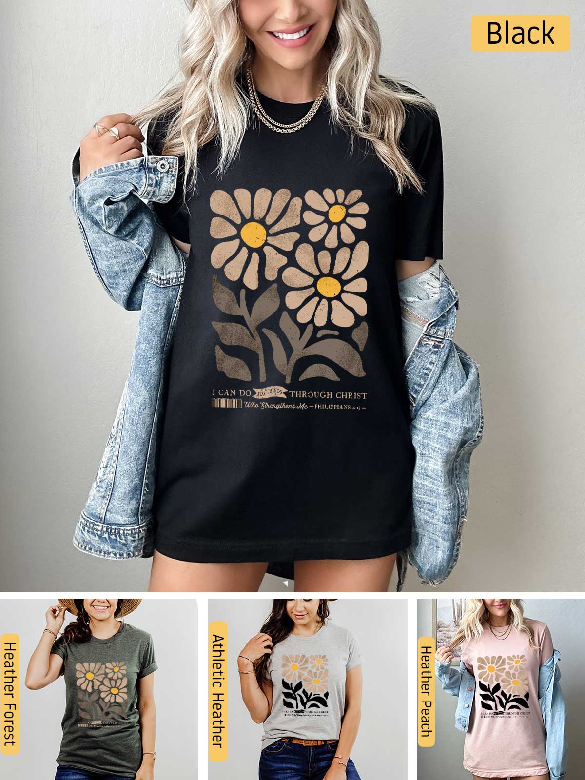 a woman wearing a t - shirt with flowers on it