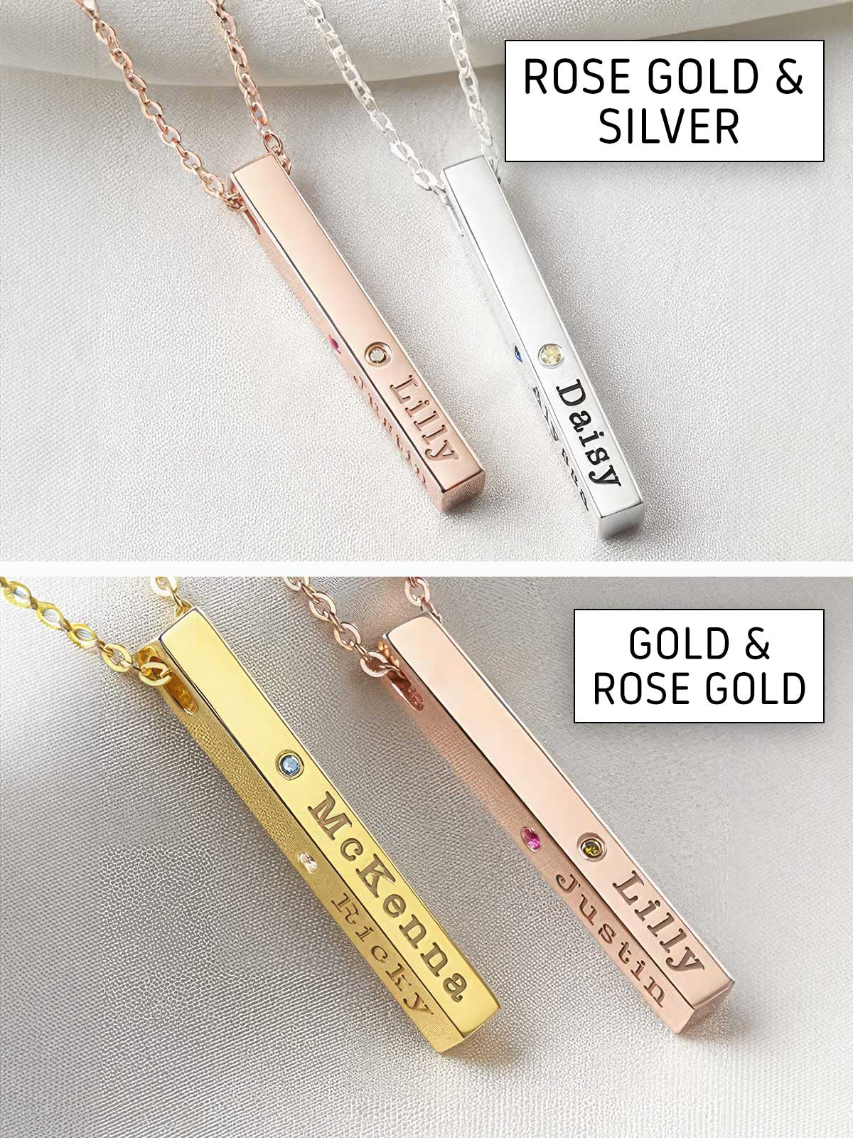 a couple of necklaces that say rose gold and silver