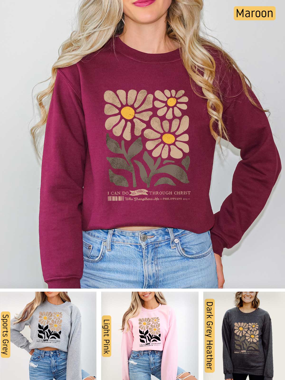 a woman wearing a sweatshirt with flowers on it