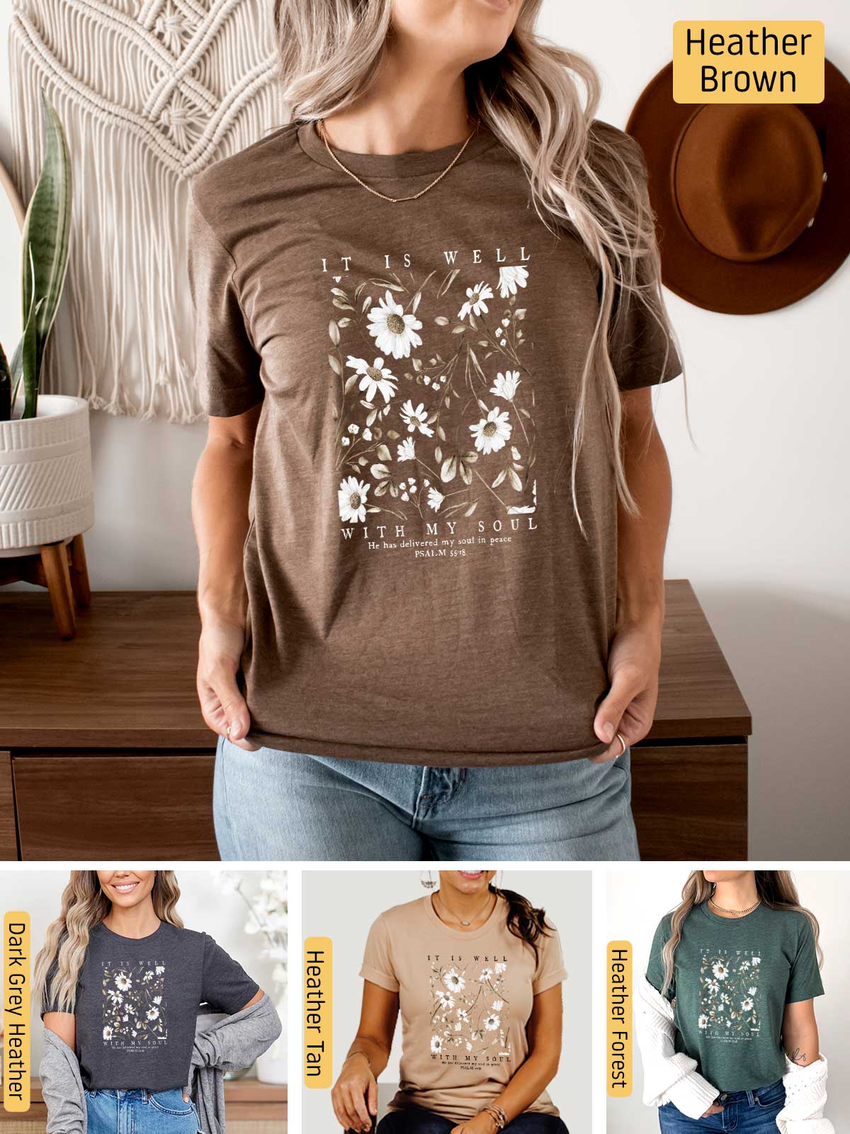 a woman wearing a t - shirt with flowers on it