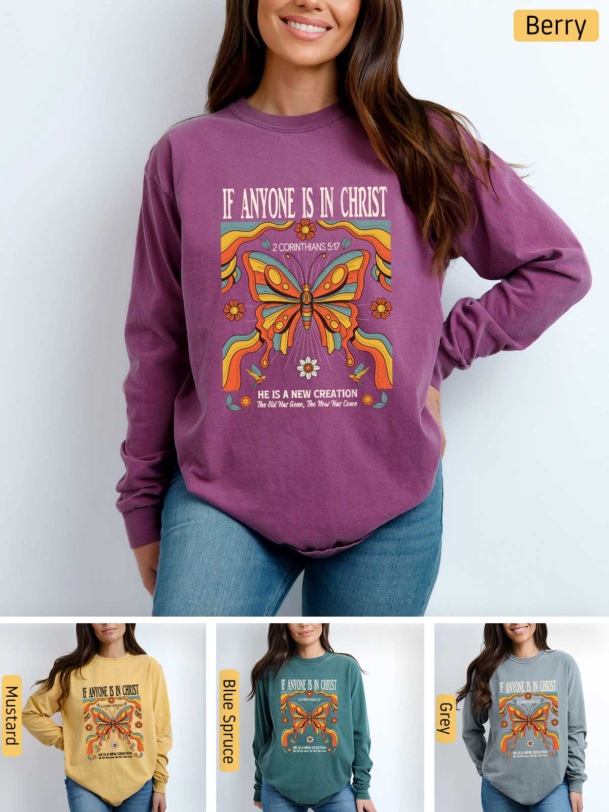 a woman wearing a sweatshirt with a butterfly on it