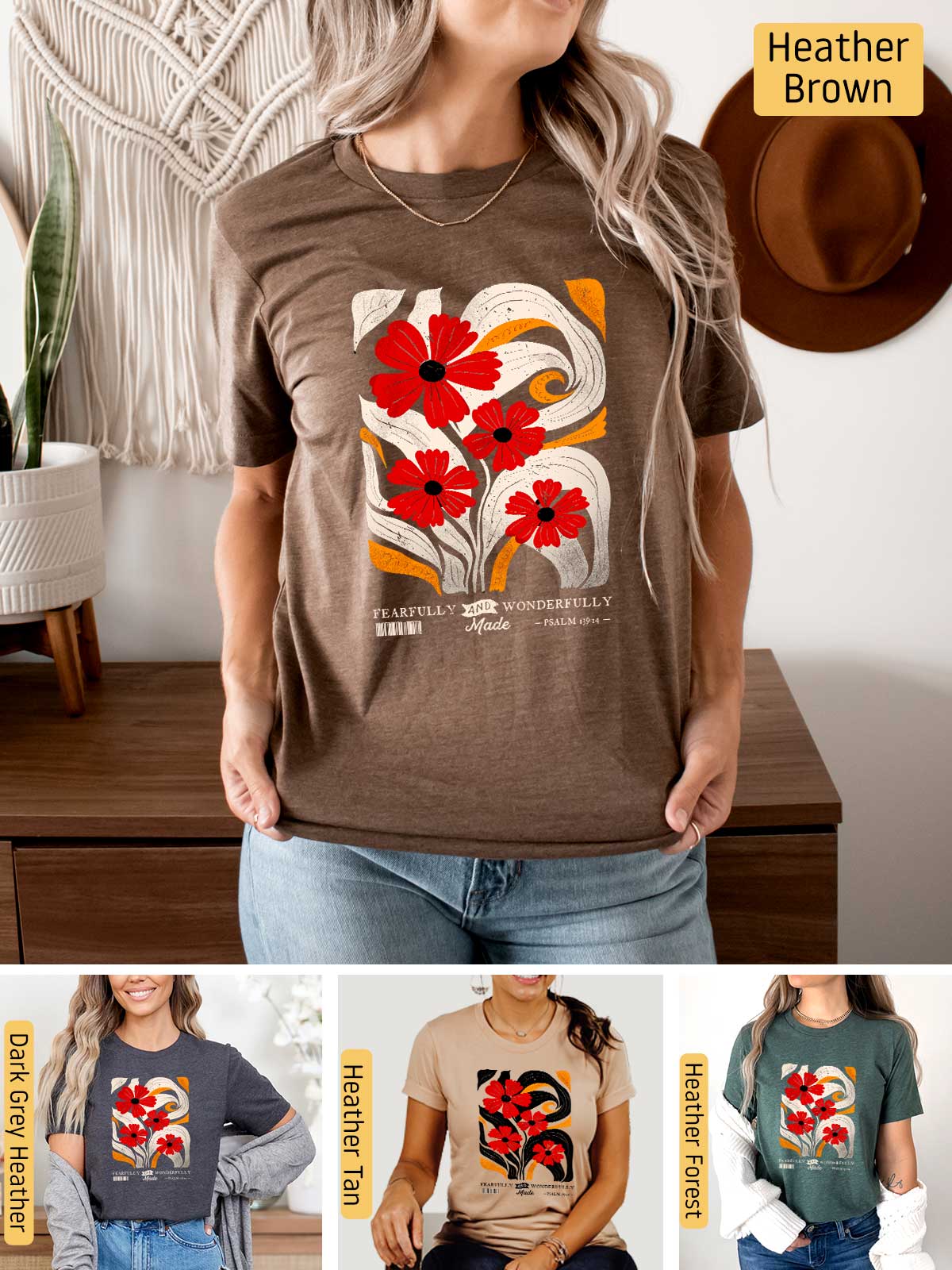 a woman wearing a t - shirt with flowers on it