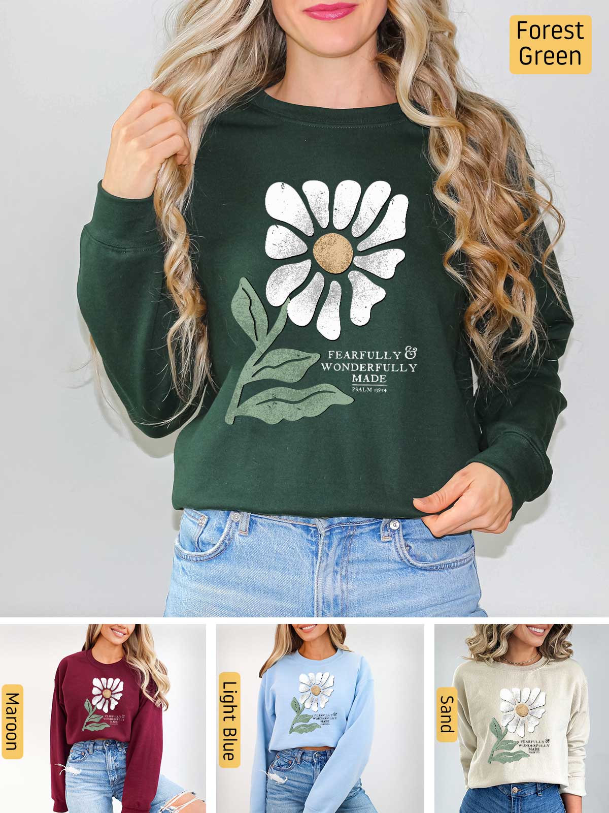 a woman wearing a green sweatshirt with a flower on it