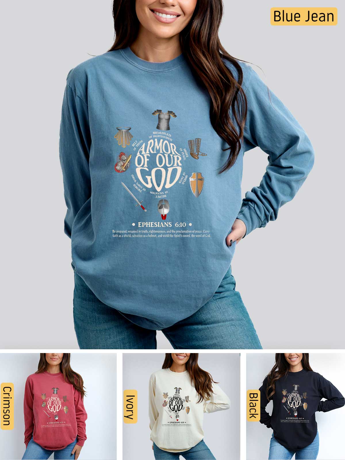 a woman wearing a blue sweatshirt with the words armor of our god on it