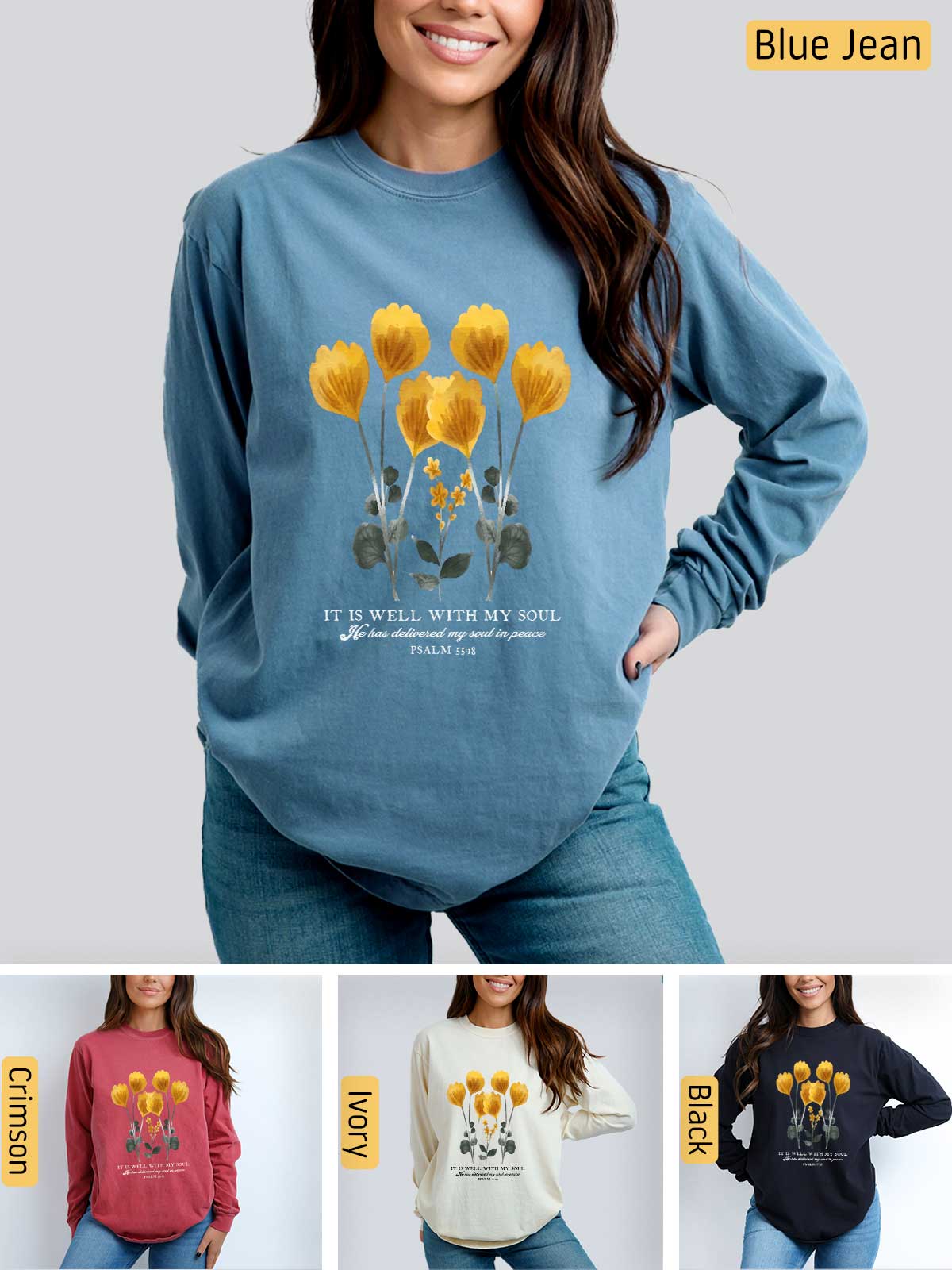 a woman wearing a blue sweatshirt with yellow flowers on it