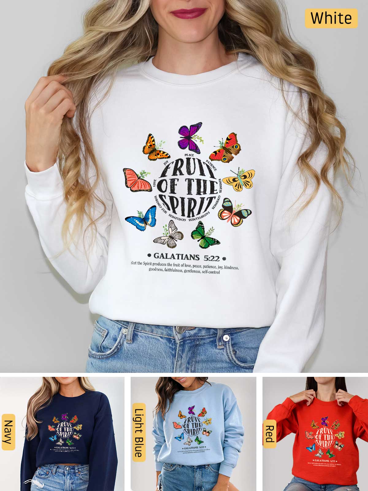 a woman wearing a sweatshirt with butterflies on it