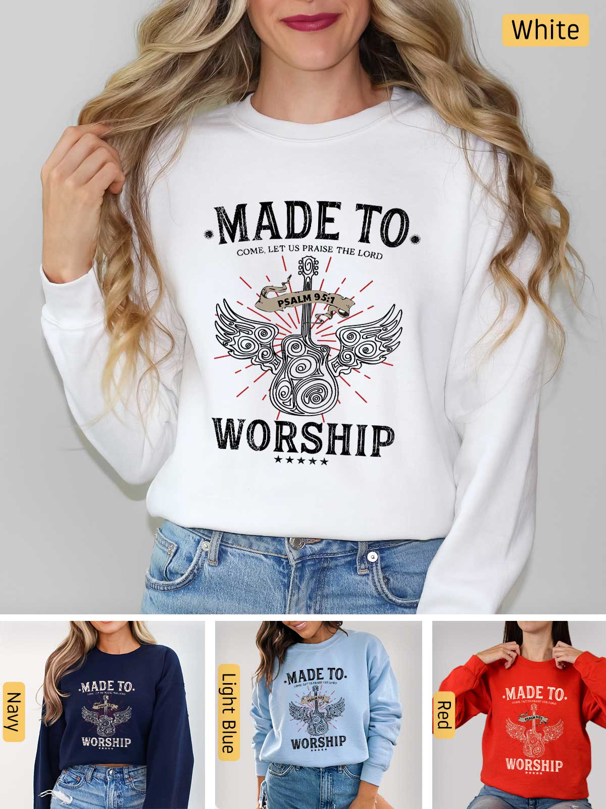 a woman wearing a sweatshirt that says made to worship