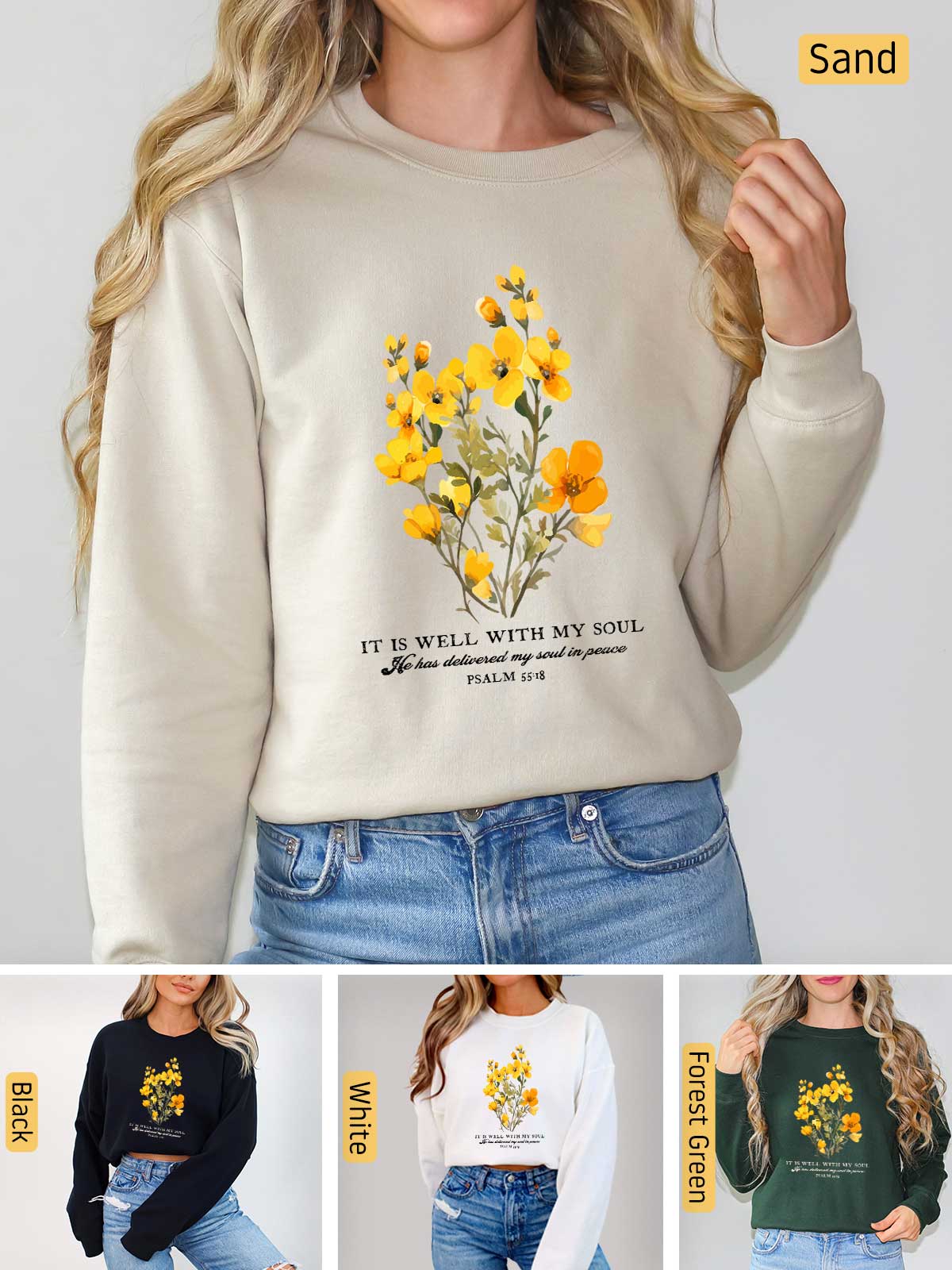 a woman wearing a sweatshirt with flowers on it