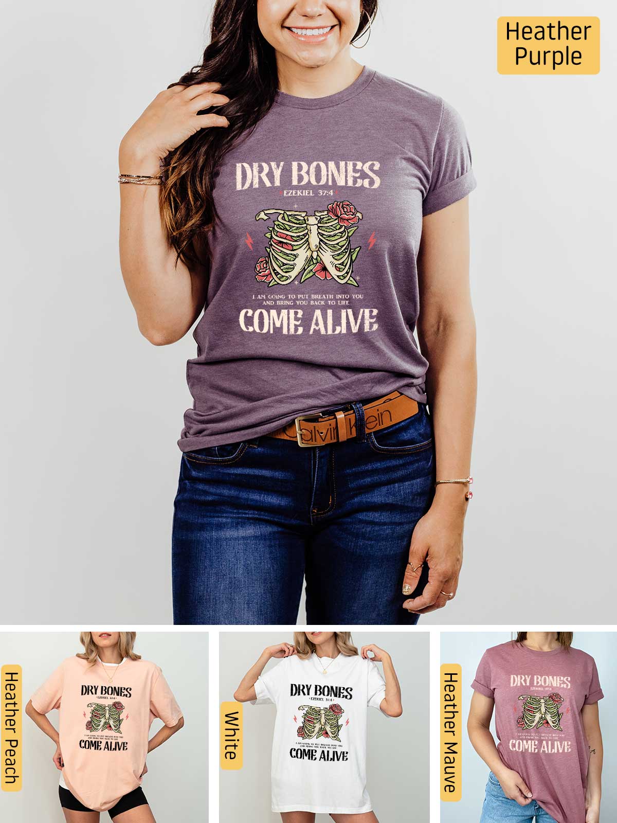 a woman wearing a t - shirt that says dry bones come alive