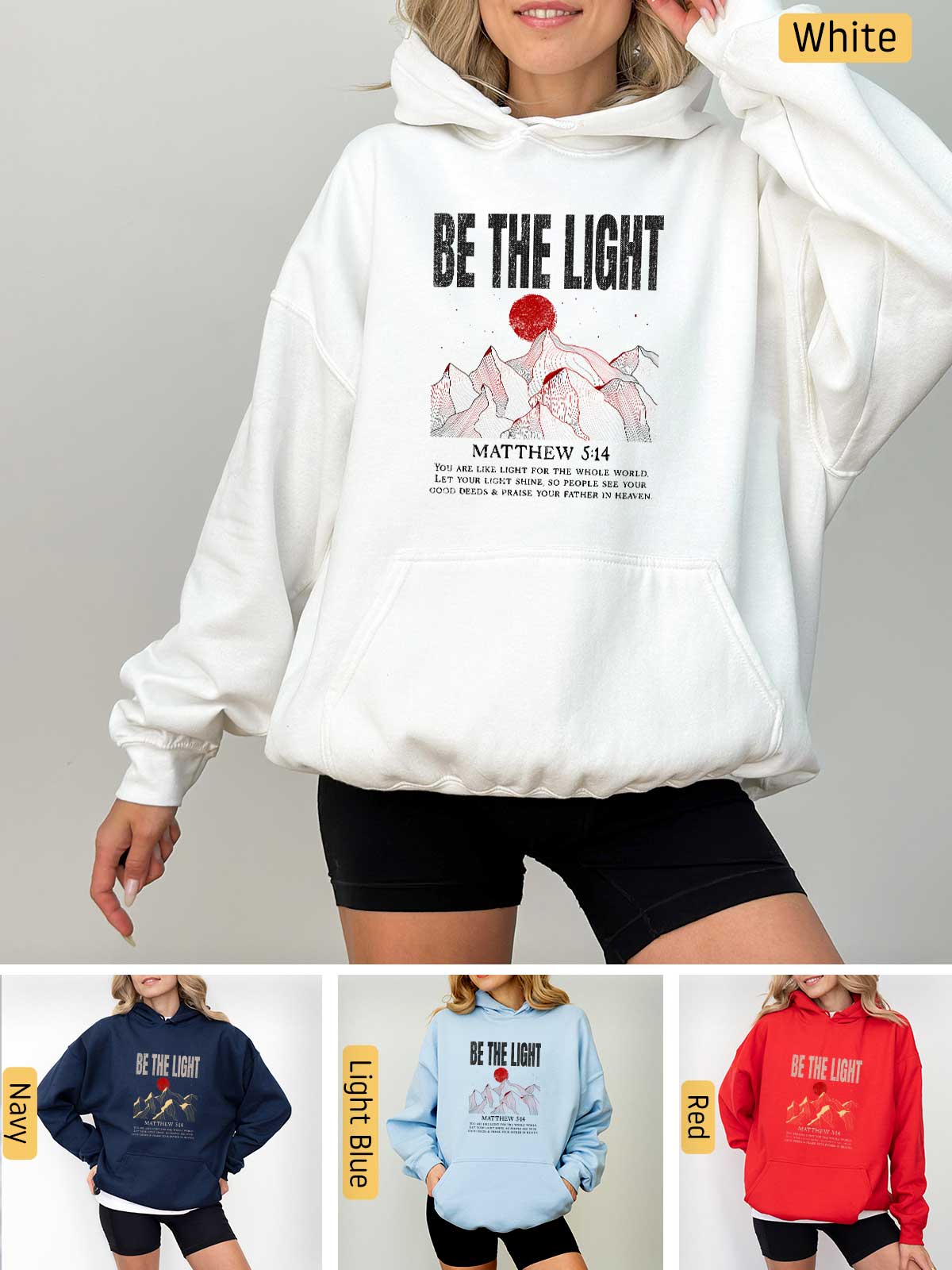 a woman wearing a white hoodie with the words be the light on it